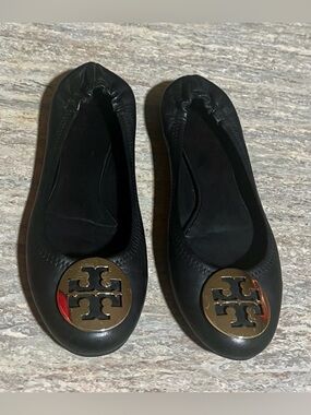 Tory Burch Black Flats with Gold Logo